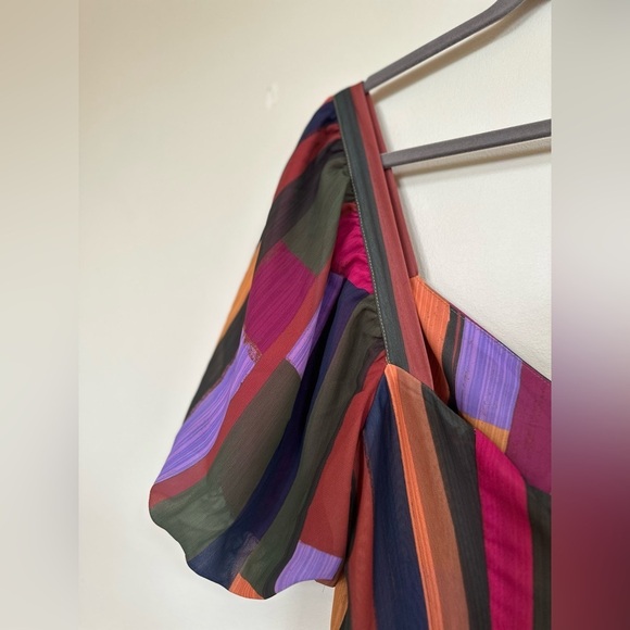 Farm Rio Painted Stripes Blouson-Sleeve Pleated Dress - Size Large - Picture 6 of 16